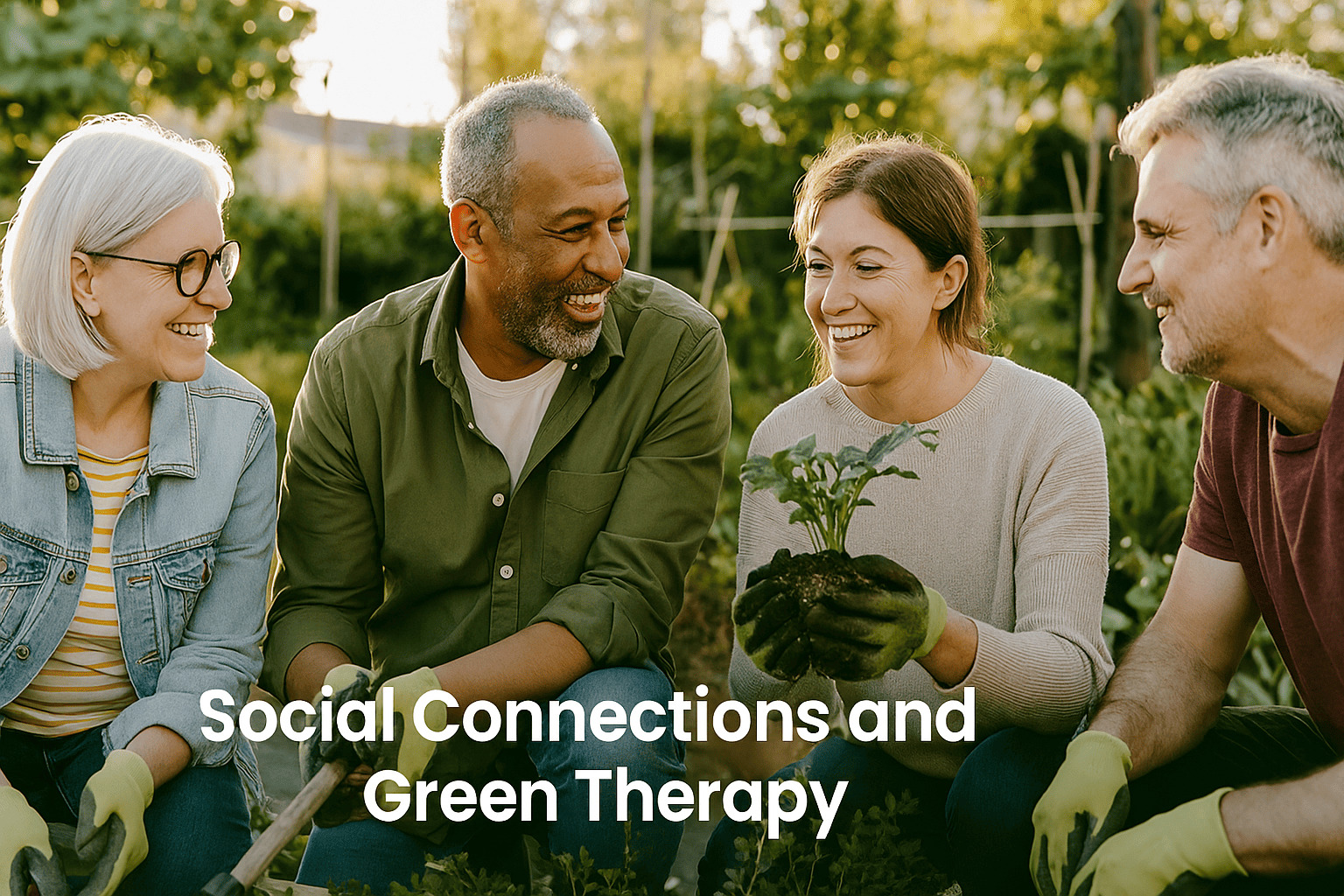 Urban Plant – A group of adults gardening together in a community garden, smiling and bonding over plants, representing social connections and the mental health benefits of green therapy.